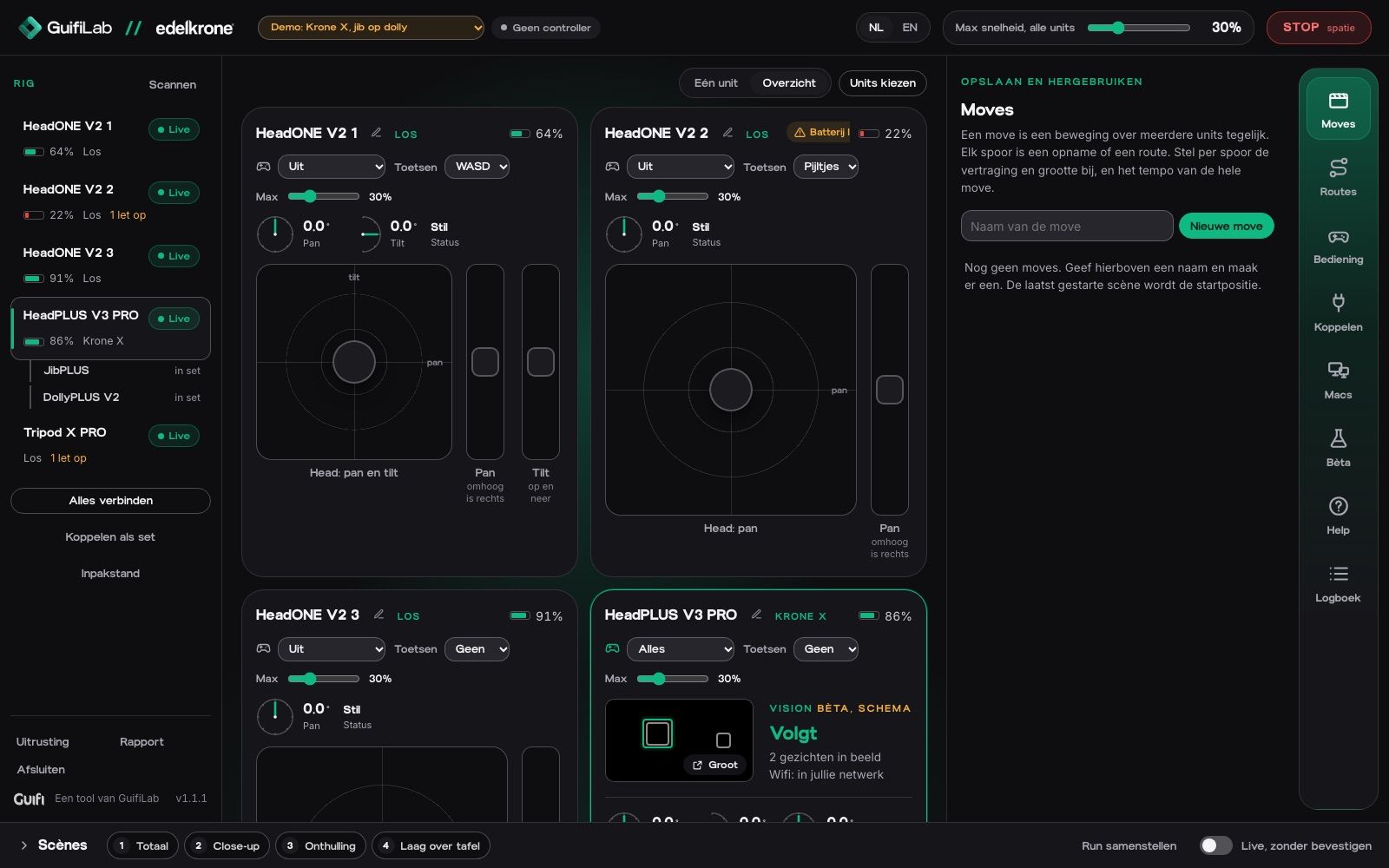 edelkrone control: overview of all units with speed, position and battery