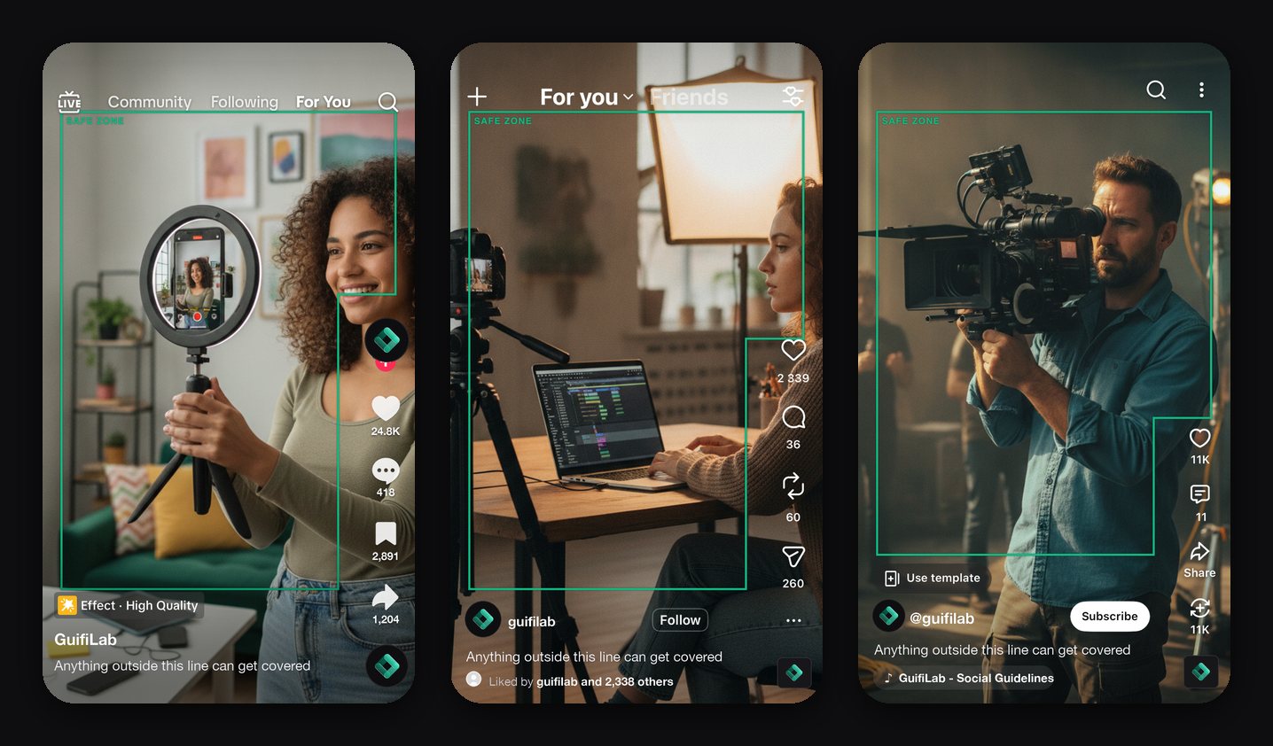 TikTok, Instagram and YouTube Shorts safe zones over a video frame